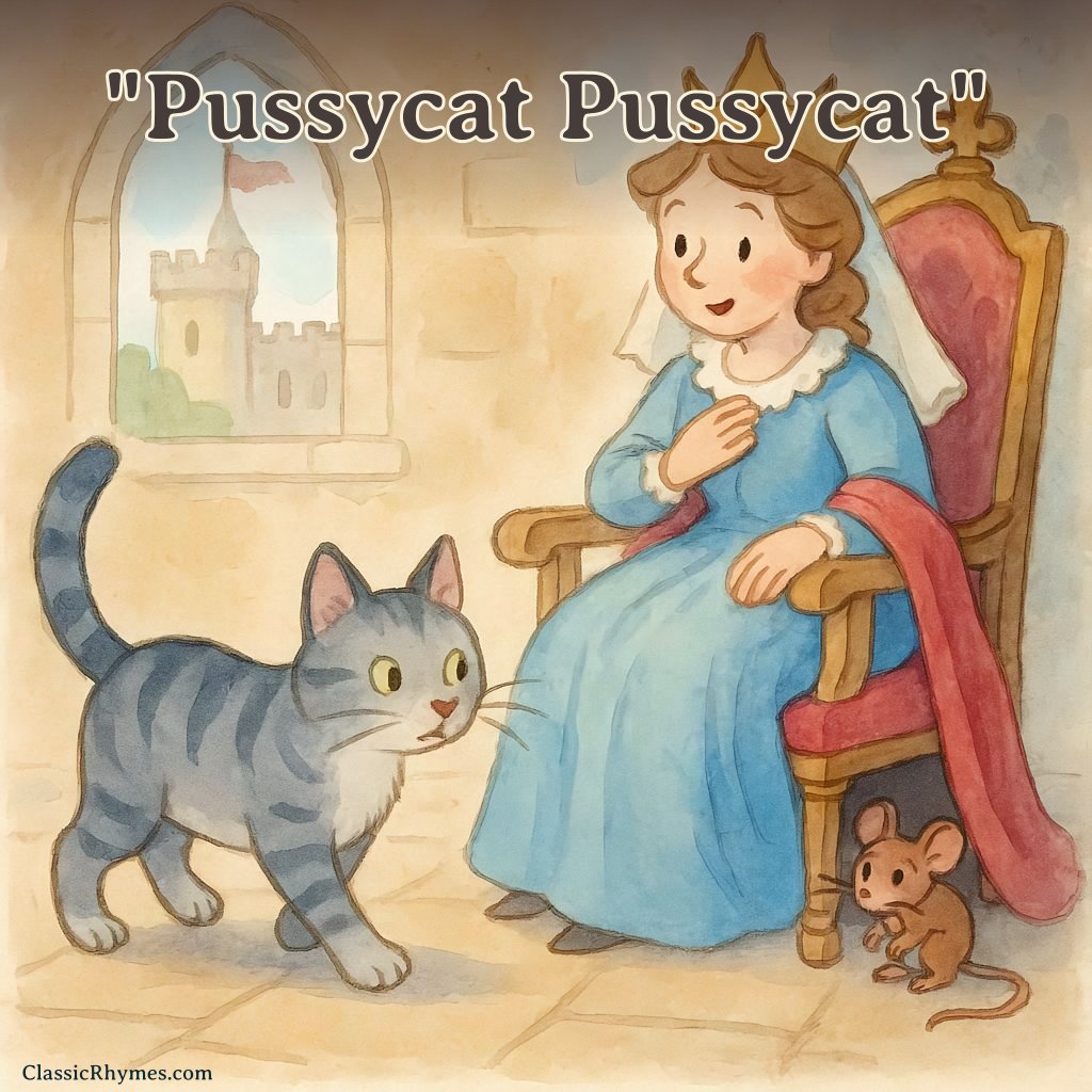 A cat startles the mouse and the queen at the castle
