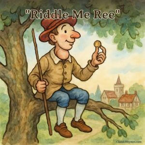 A little man with a stick in hand sits up in the tree
