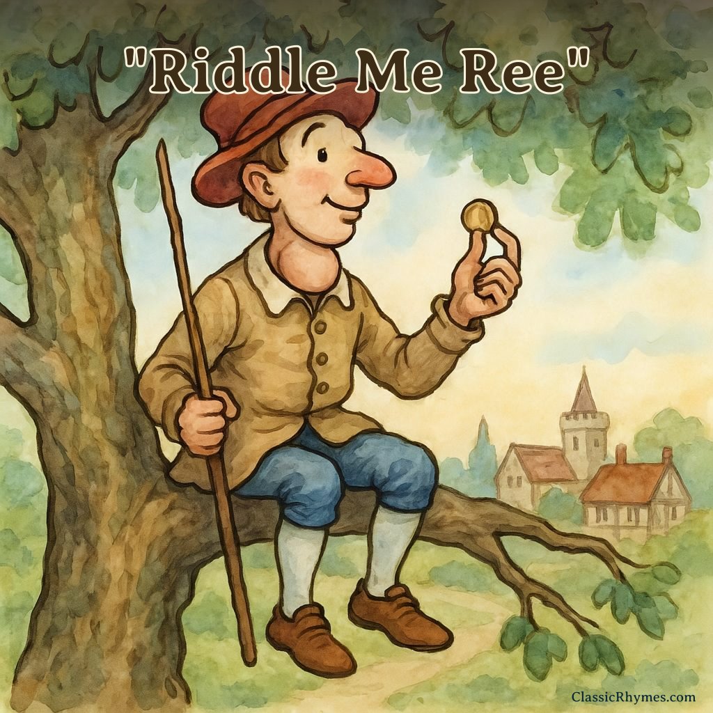 A little man with a stick in hand sits up in the tree