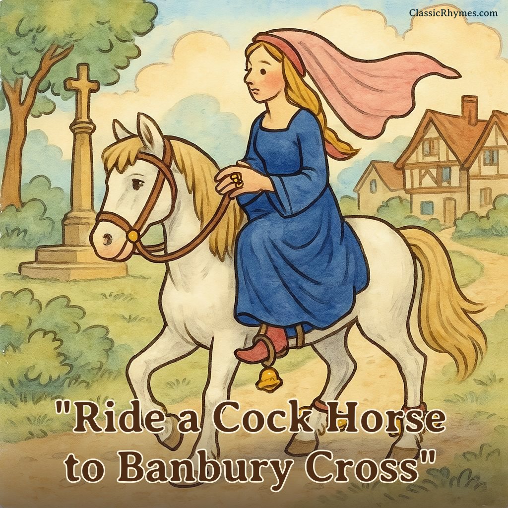 A fine lady riding her white horse to Banbury Cross