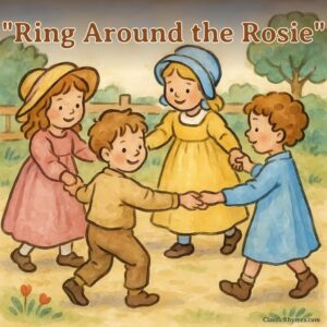 Children playing with hands joined in a circle while chanting "ring around the rosie"