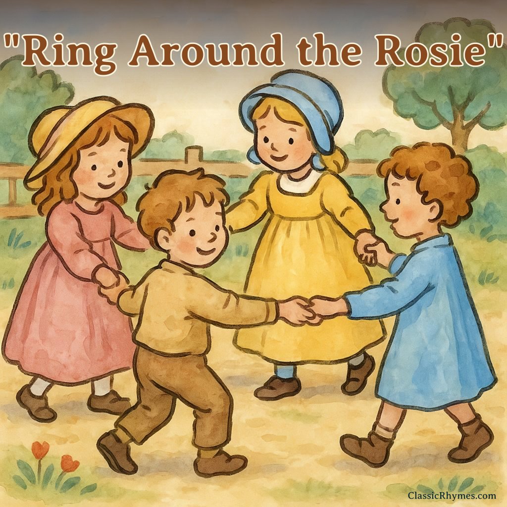 Children playing with hands joined in a circle while chanting "ring around the rosie"
