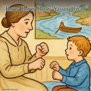 Parent shows child the action of boat rowing