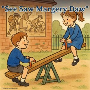 Boy and girl play on a see-saw