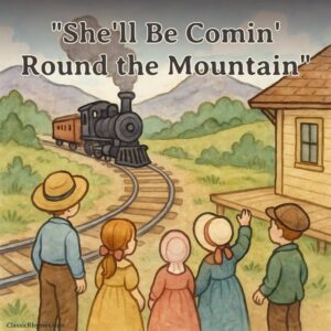 A train coming around the mountain as friends await arrival at the depot