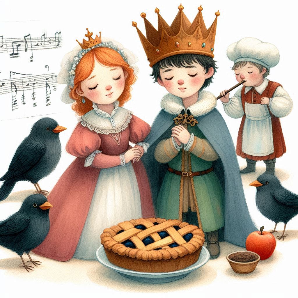 King and queen and blackbirds and a pie with musical notes