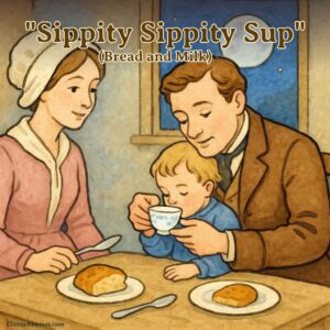 Daddy help child sip milk from a china cup as Mommy watches on