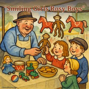 Smiling girls and rosy boys gather around the street vendor for cookies and toys