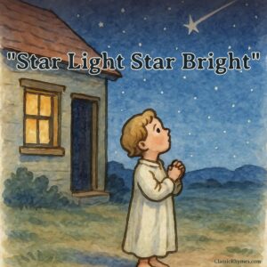 Child standing just outside the house wishing to a star in the night sky