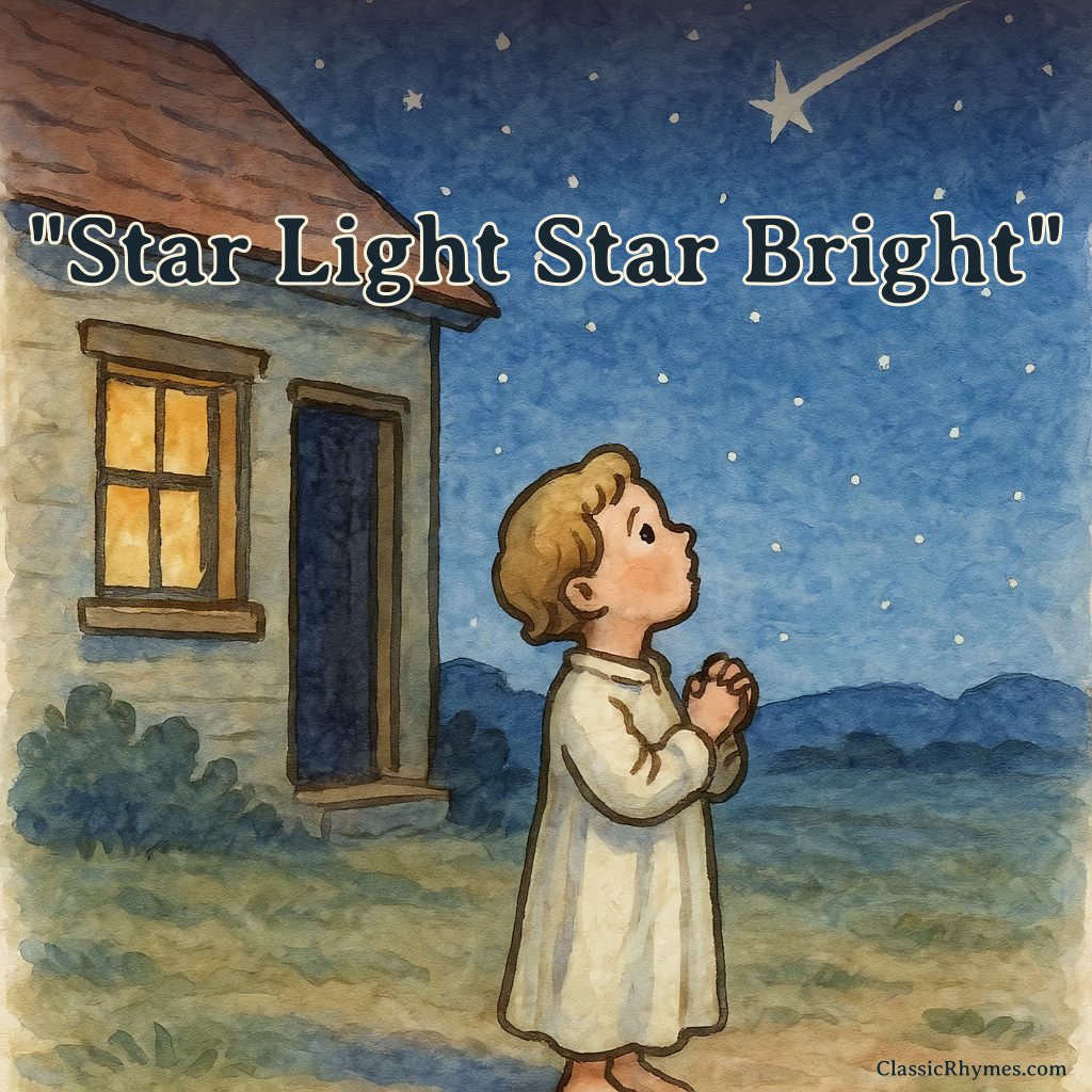 Child standing just outside the house wishing to a star in the night sky
