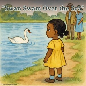 A young girl looking at the swimming swan