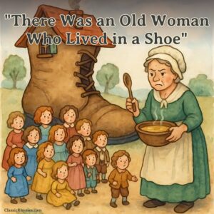 The old woman with all her children just outside their shoe house