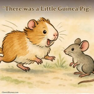 The little guinea pig squeaking and running past a mouse
