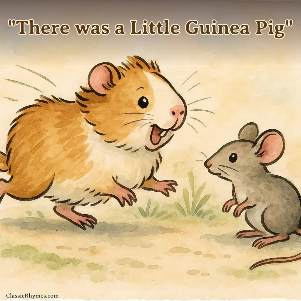 The little guinea pig squeaking and running past a mouse