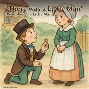 A little man down on one knee proposing to a little maid