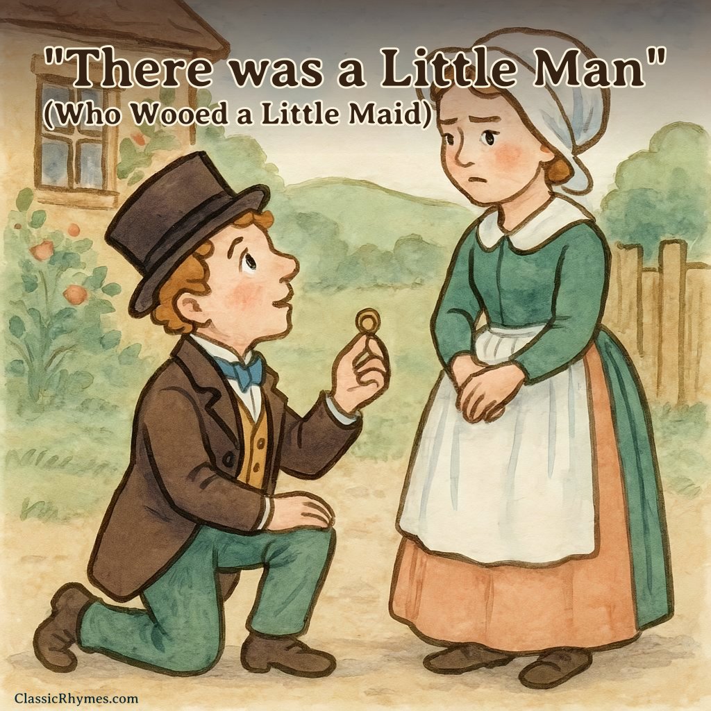 A little man down on one knee proposing to a little maid
