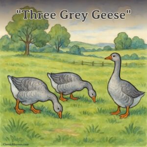 Three grey geese in a green field grazing