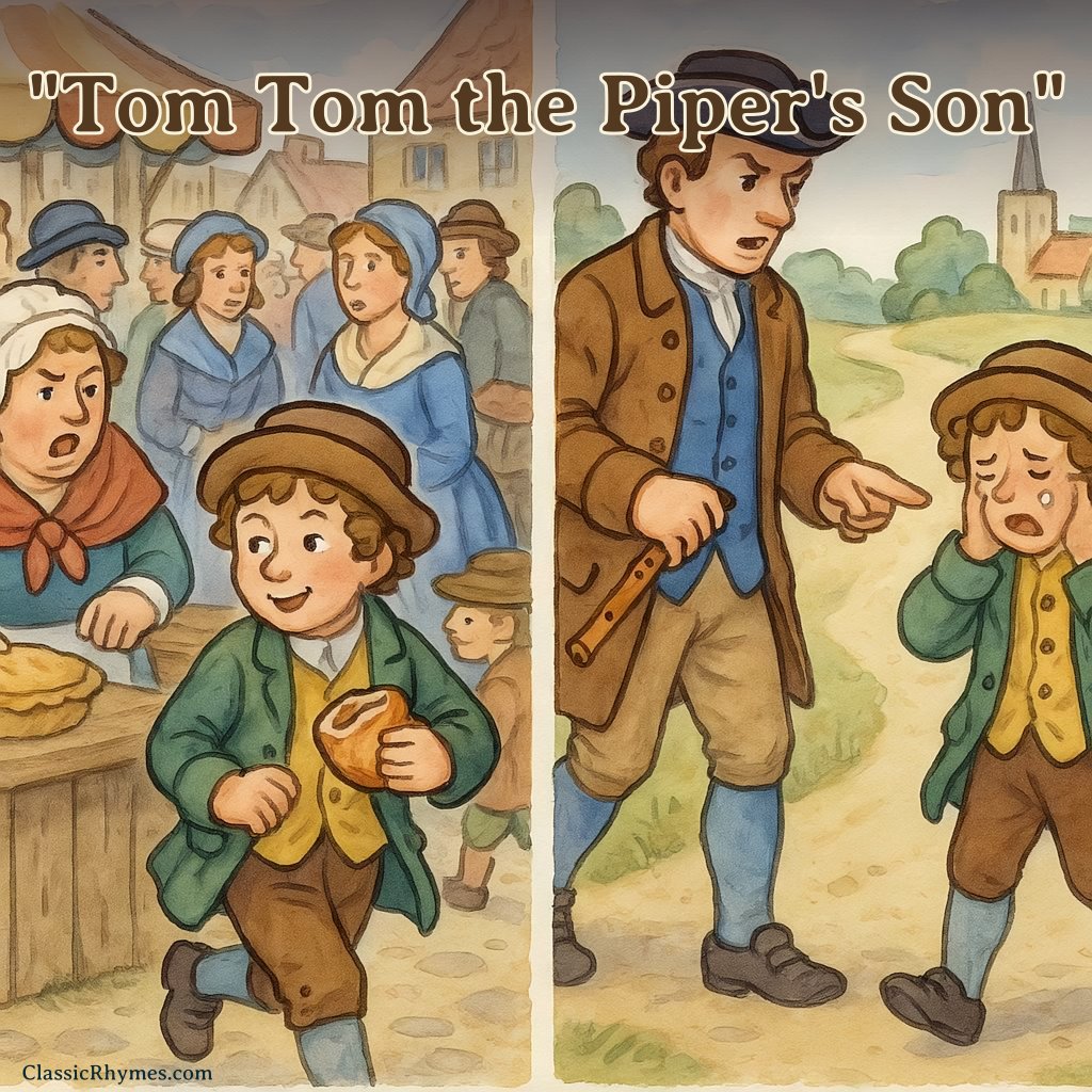 Tom steals a meat pastry from the market and then gets punished by his father