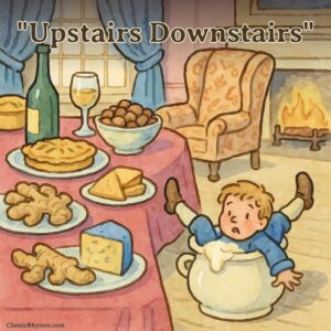 In a lavish home full of fine foods and items, the little boy gets stuck in the cream pot
