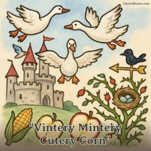 Three geese, corn, thorn, a nest and an apple all at the castle