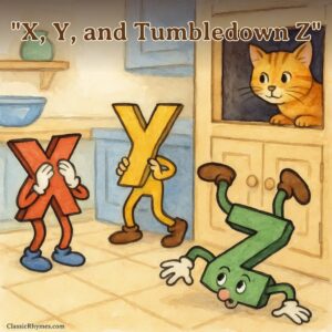 Letter-people X, Y, and Z playing hide-and-seek with a cat