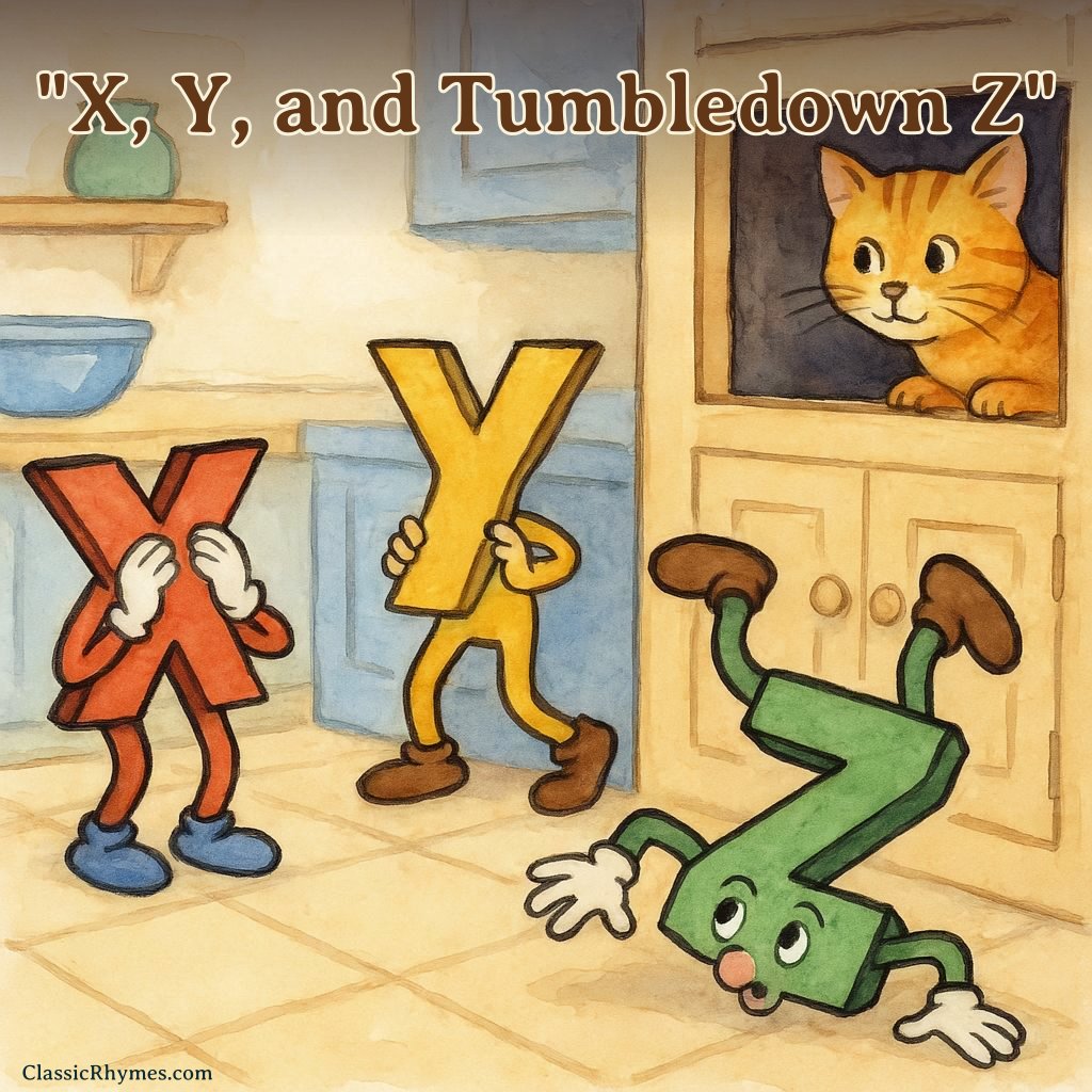 X Y and Tumbledown Z Letter-people X, Y, and Z playing hide-and-seek with a cat