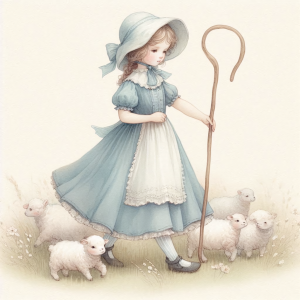 Bo Peep walking with a crook in a meadow with her sheep