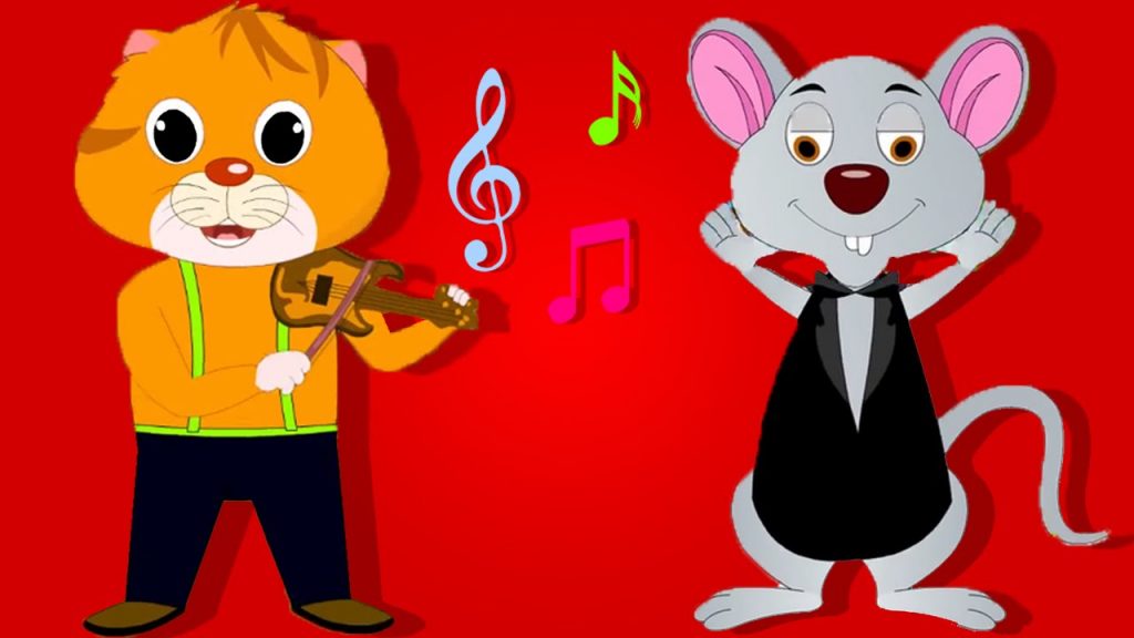 cartoon of a cat playing a violin to a mouse