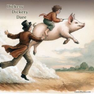 A boy rides a flying pig and a man helps bring them down