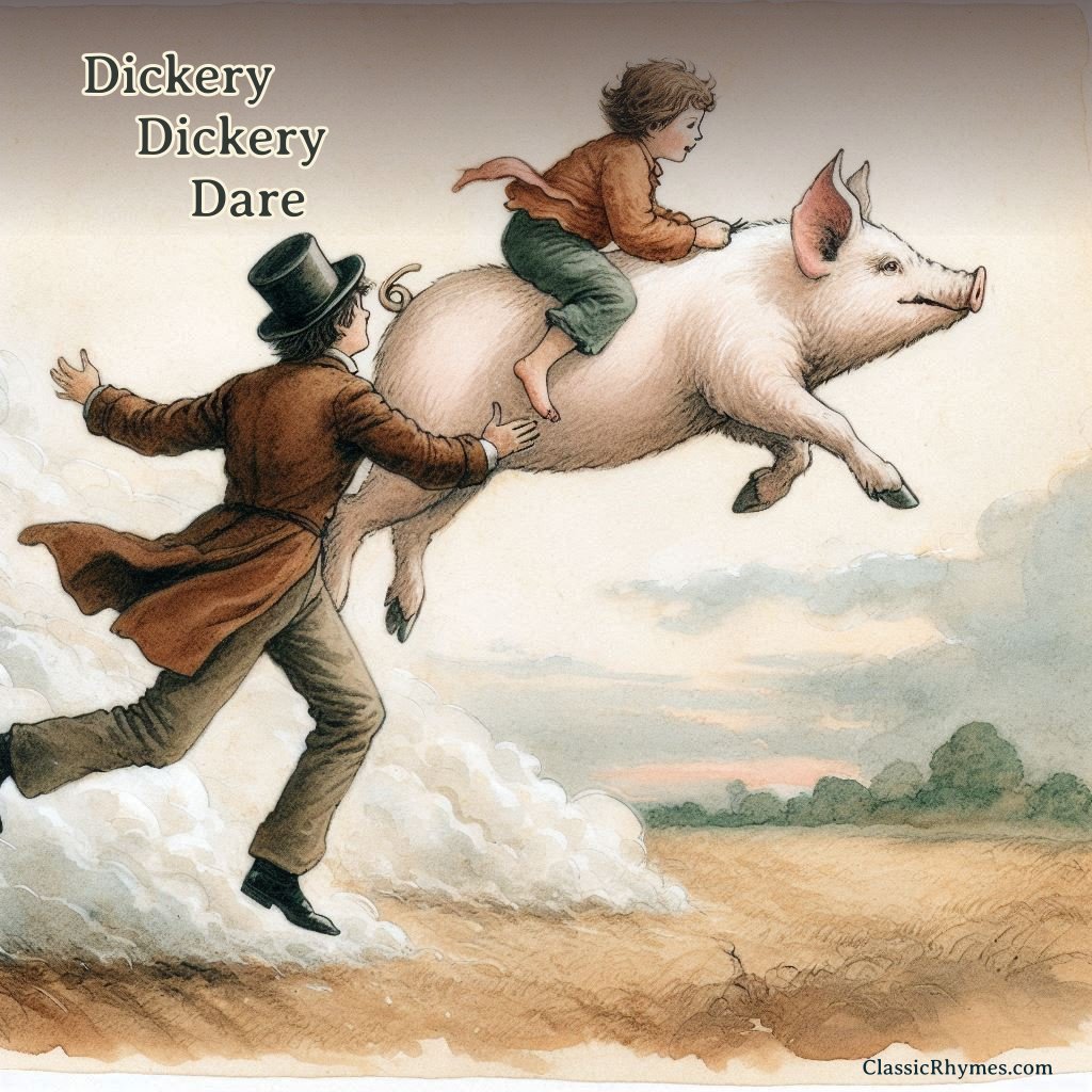 A boy rides a flying pig and a man helps bring them down